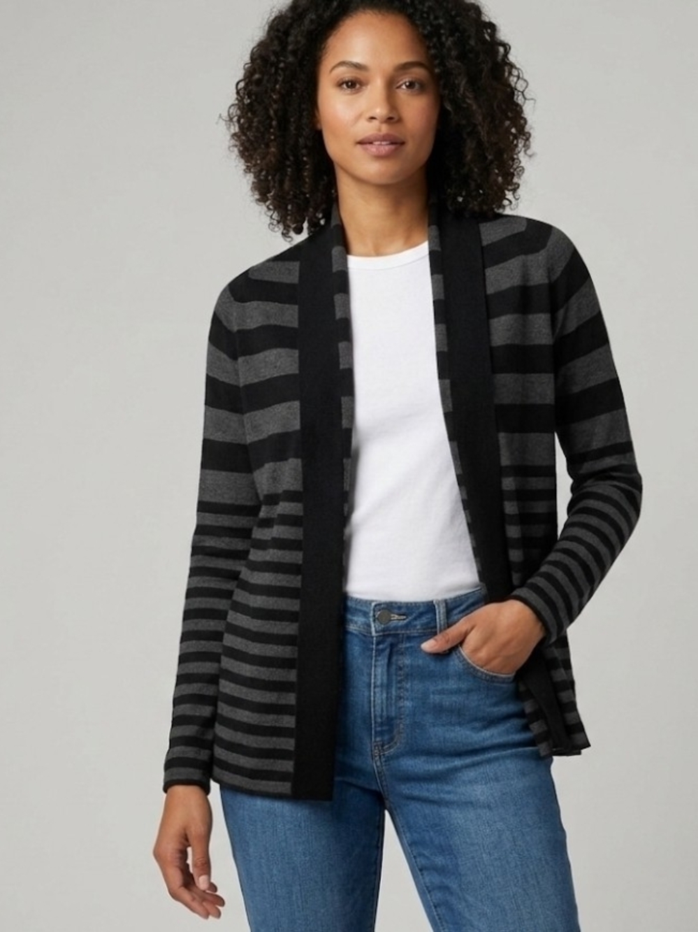 Joie Feidra Black and Gray Striped Open Front Wool and Cashmere Blend Cardigan